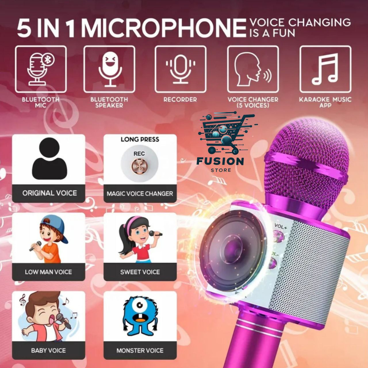 Micrófono Karaoke Bluetooth Niños Fucsia